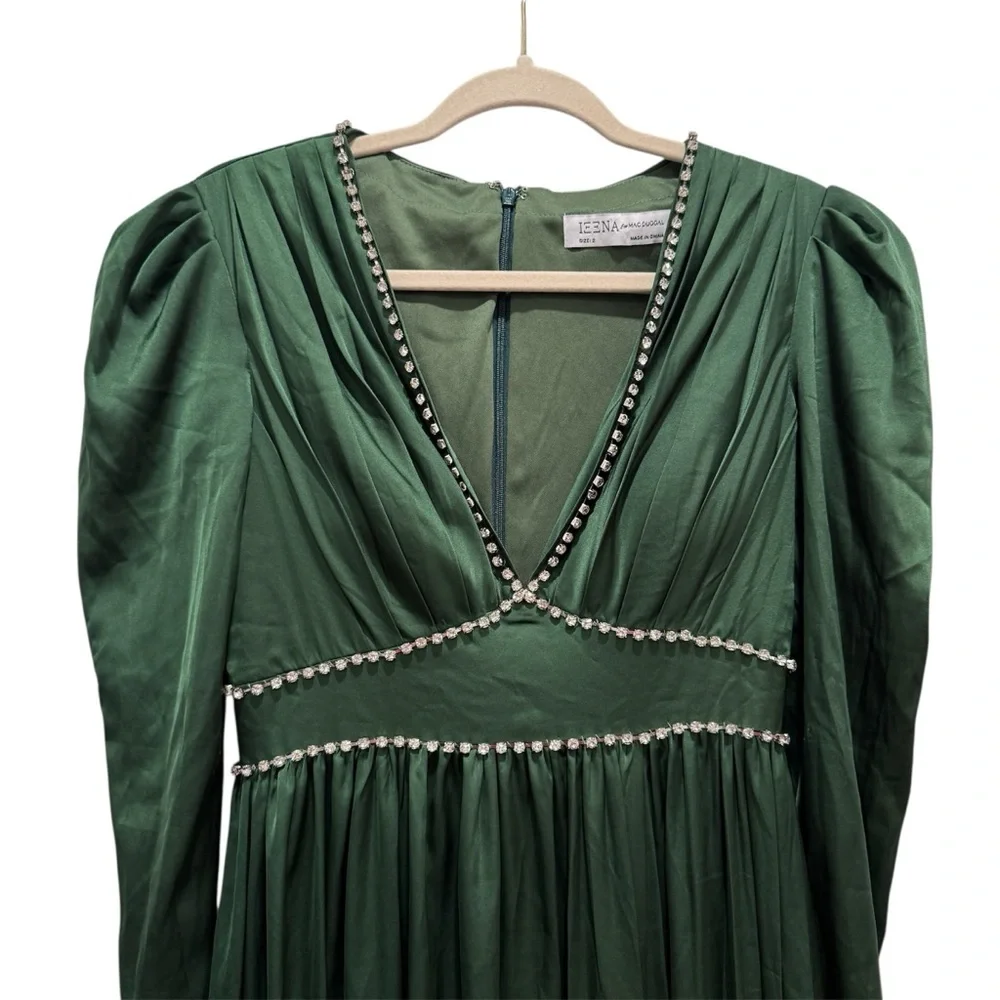 Mac Duggal Satin Puff Shoulder Rhinestone Gown Formal Party Prom #55702 Green 2 - Picture 4 of 15